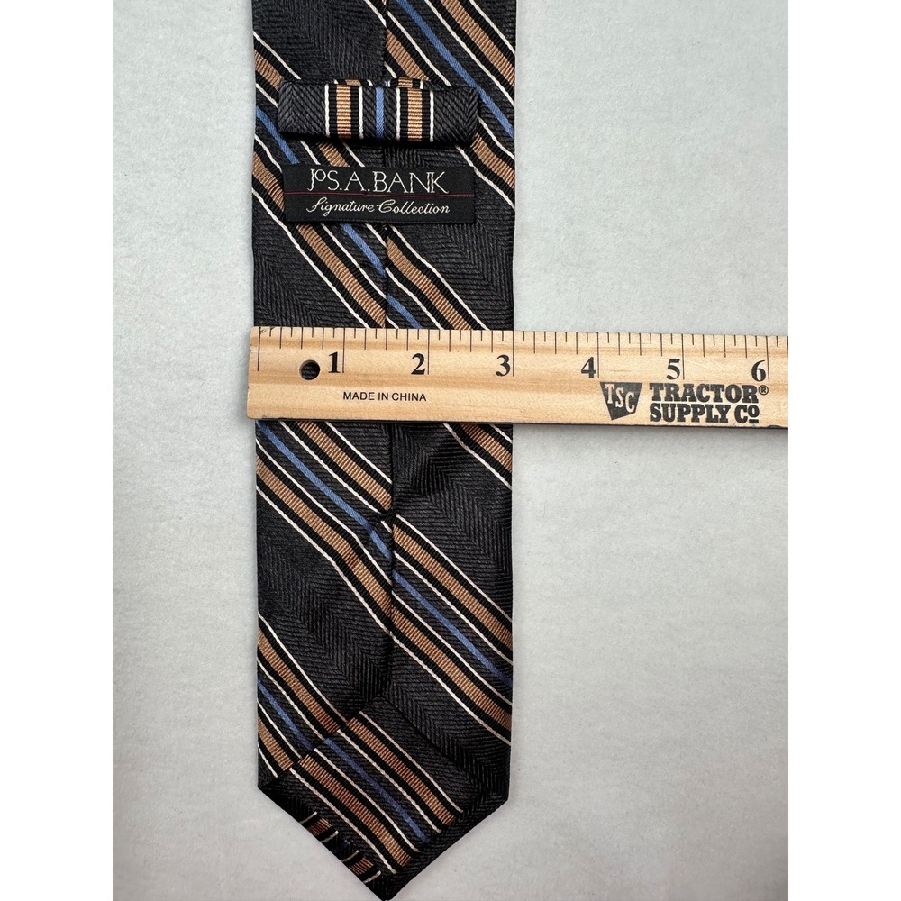 J S A BANK Mens Striped Necktie Black Gold‎ Blue White Business Formal Accent - Picture 2 of 2